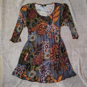 Women's Festival Dress Boho Tropical Floral Paisley Peasant 3/4 Sleeves Stretchy